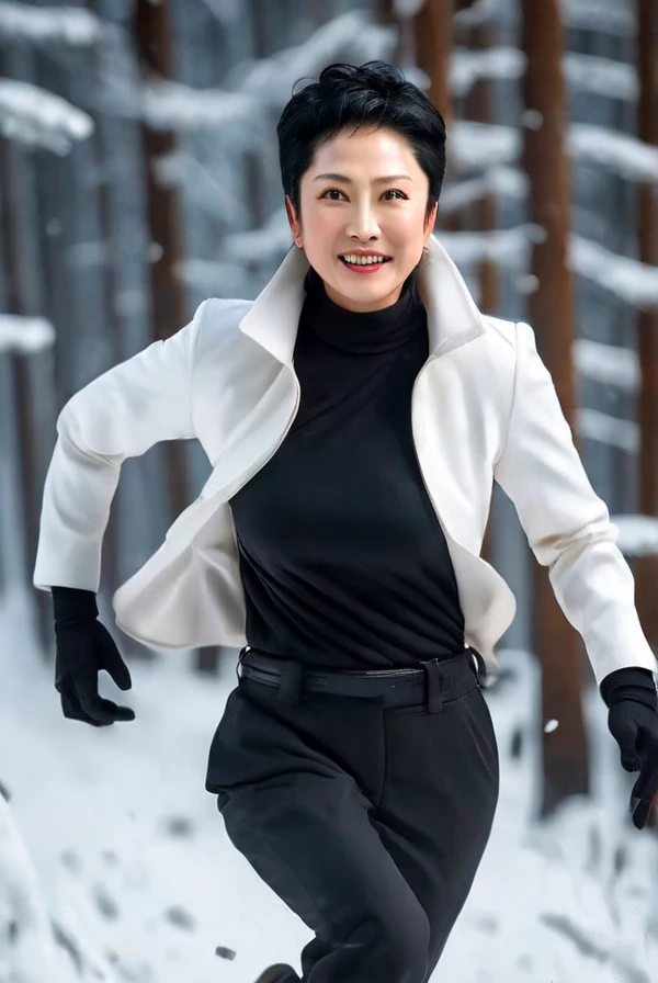 <lyco:Renho:1.0>, highly detailed professional 8k raw photography, best hyperrealistic quality backgrounds, volumetric real-time lighting and shadows, smile, middle-aged, large collar, wearing  black shirts under the white suit, black short hair, Asian, Woman, (Renho) running in snowry forest