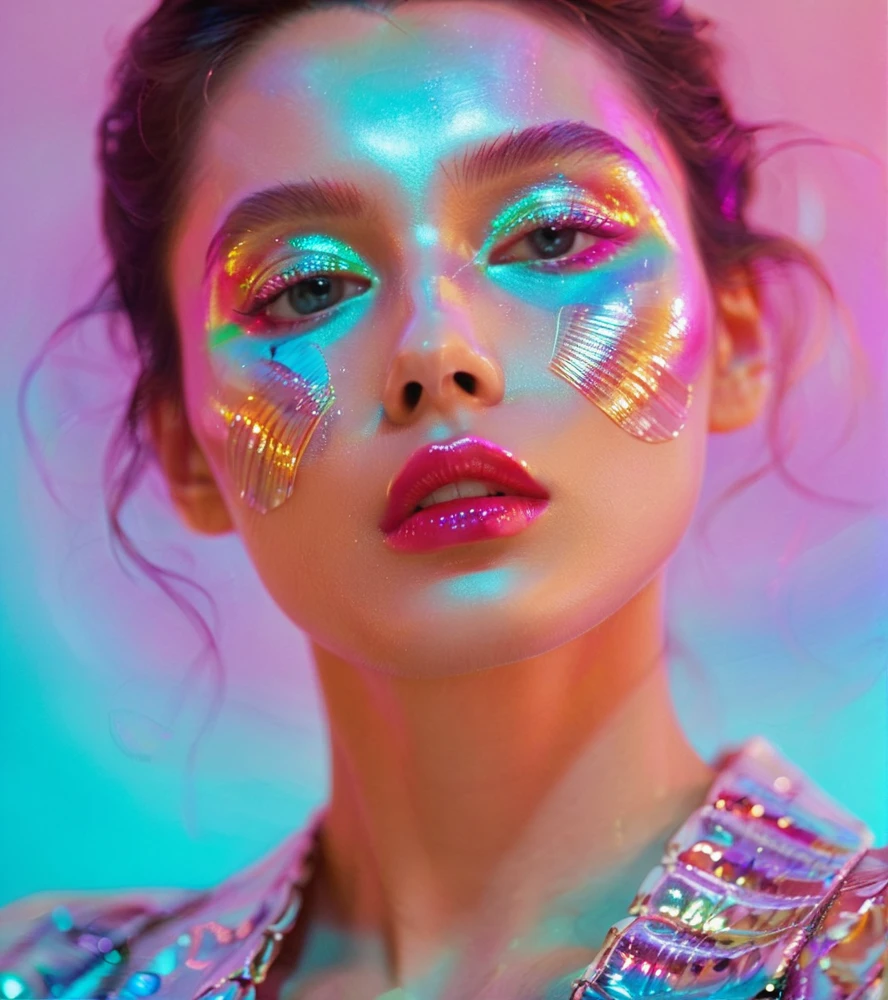 <lora:è´å£³è²å½©-000004:0.6>,Shell rainbow color,female,model,close-up,neon lights,portrait,hd image,teal and pink background,shiny textures,glowing effect,beauty shot,modern,creative composition,high cheekbones,expressive eyes,glossy lips,metallic highlight,delicate features,blurred lens,