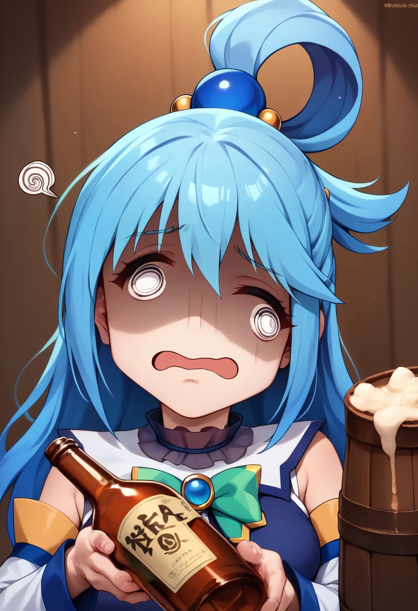 score_9, score_8_up, score_7_up, @ @, shaded face, <lora:TraumatizedGotoh_pdxl_Incrs_v1:1.3>, 1girl, aqua \(konosuba\), blue hair, alcohol,