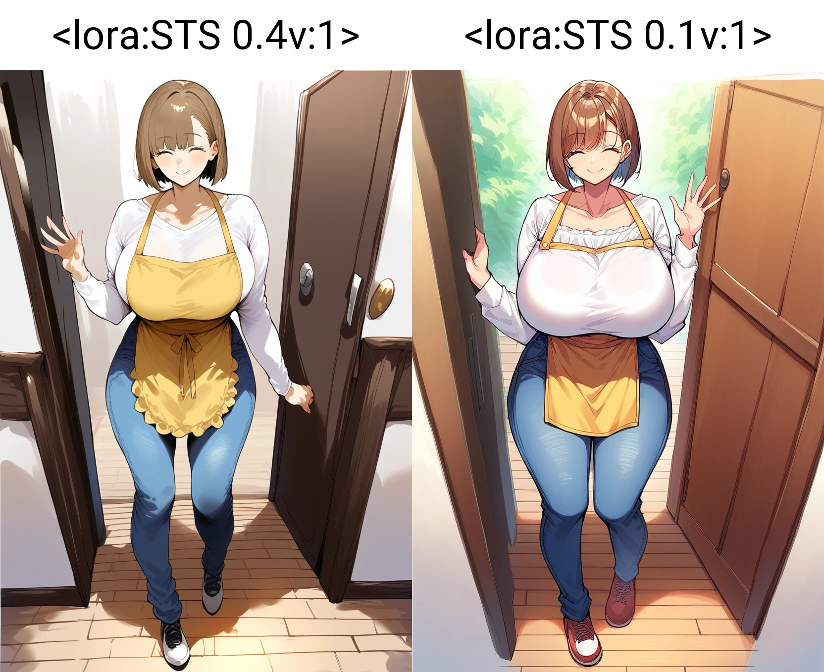 tss, score_9, score_8_up, score_7_up, score_6_up, source_anime, <lora:STS 0.4v:1>,
1girl, brown hair, apron, solo, shirt, short hair, closed eyes, smile, pants, white shirt, yellow apron, denim, long sleeves, jeans, standing, shoes, bangs, huge breasts, waving, wooden floor, full body, closed mouth, doorway, collarbone, hand up, facing viewer, large breasts