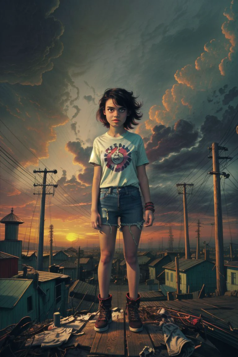 a very cute cartoon character standing with many hair, 1girl, solo, looking at viewer, short hair, shirt, black hair, upper body, outdoors, sky, cloud, torn clothes, glowing, cloudy sky, messy hair, glowing eyes, sunset, power lines, utility pole