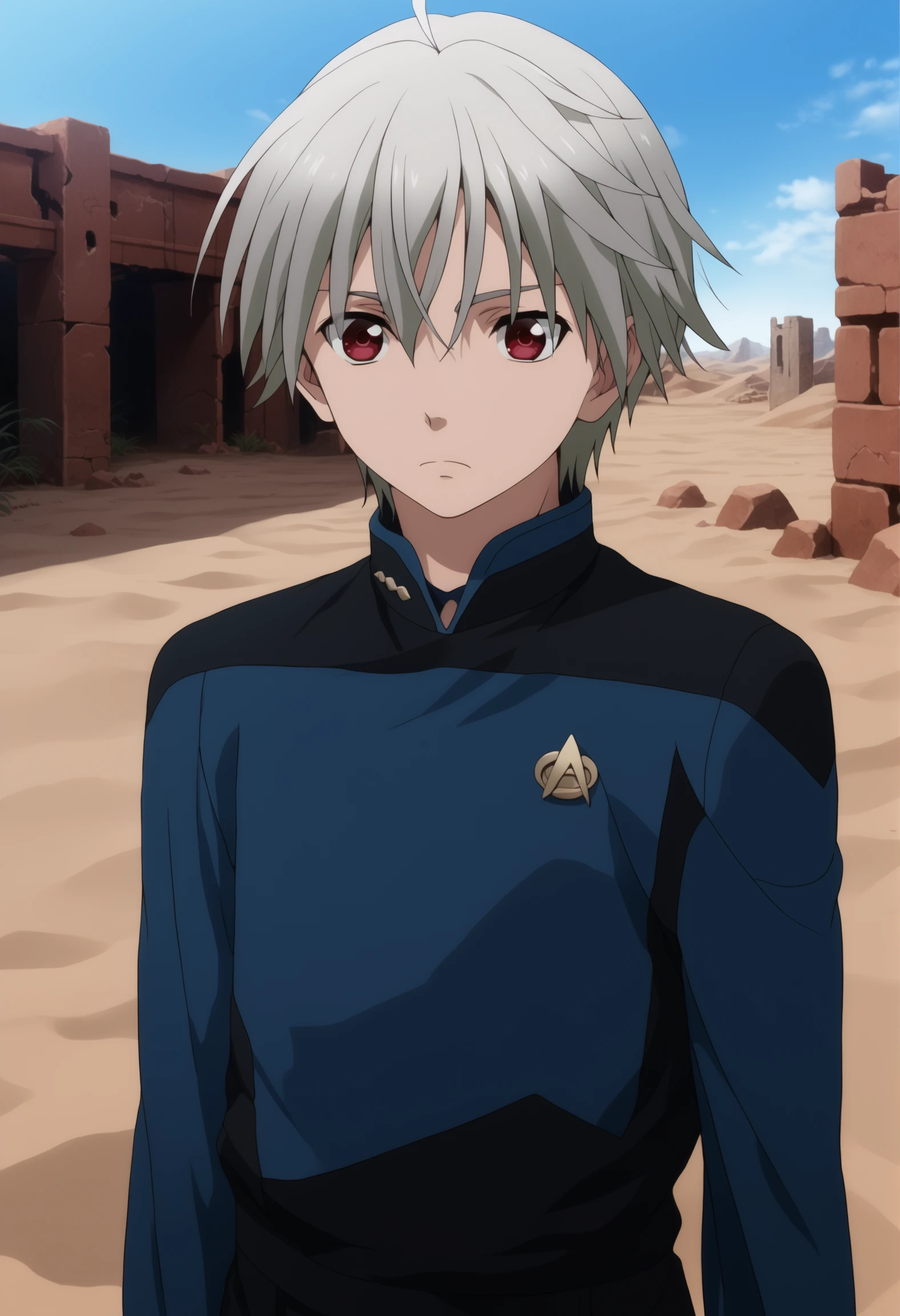 score_7_up,solo,<lora:Kobayashi_Yoshio>, source_anime, yoshio, 1boy, male focus, solo, red eyes, upper body, grey hair, outdoors, desert,ruins,ruins in the sand,bones,
s3stngunf,blue uniform
,<lora:STTNGponyStrong>