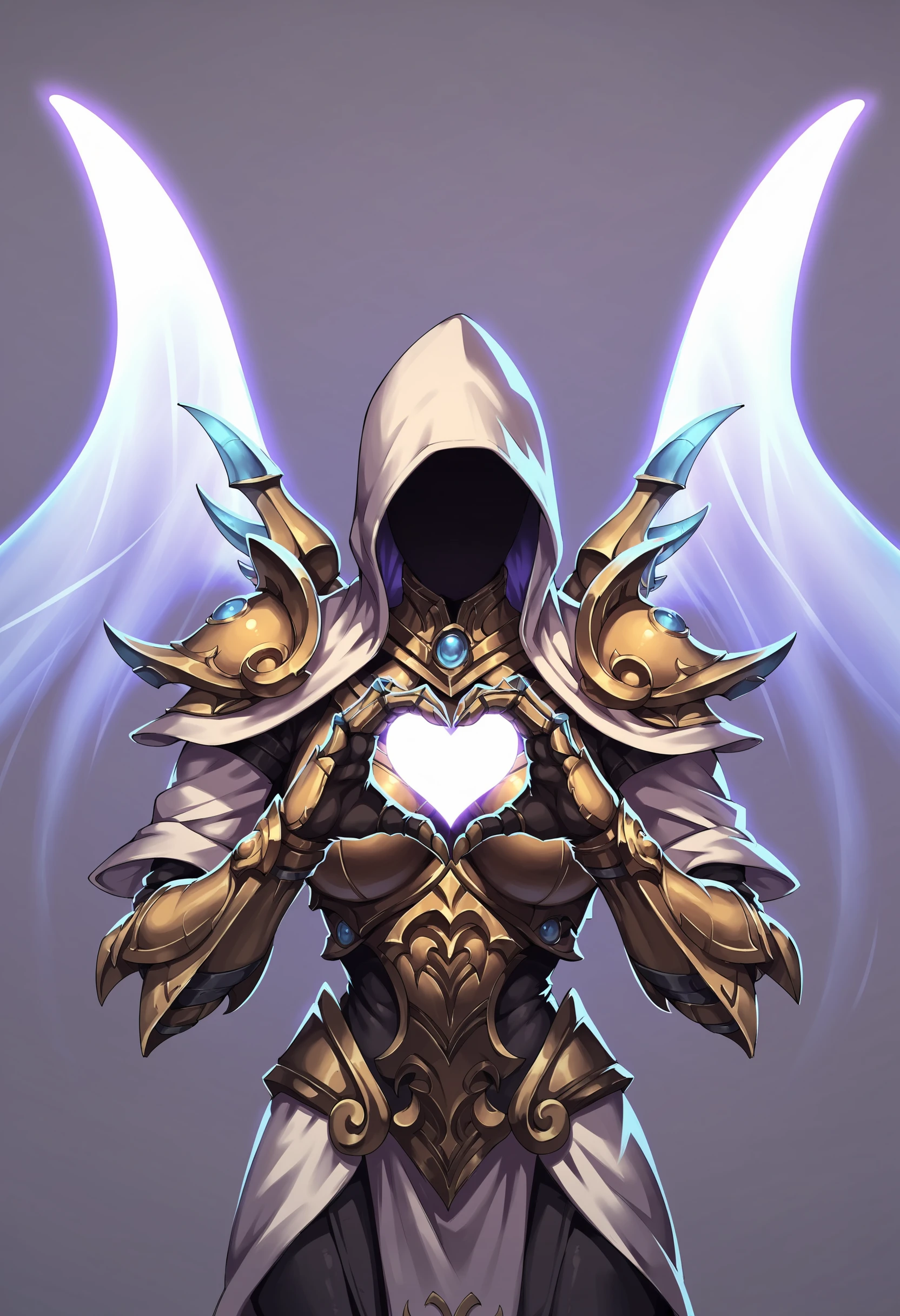 score_9, score_8_up, score_7_up, score_6_up, score_5_up, score_4_up, <lora:Auriel:0.85> 1girl, breasts, armor, white wings, glowing, hood, hood up, faceless, shoulder armor, gauntlets, upper body view, close-up, heart hands,
(light purple background:1.15), simple background,