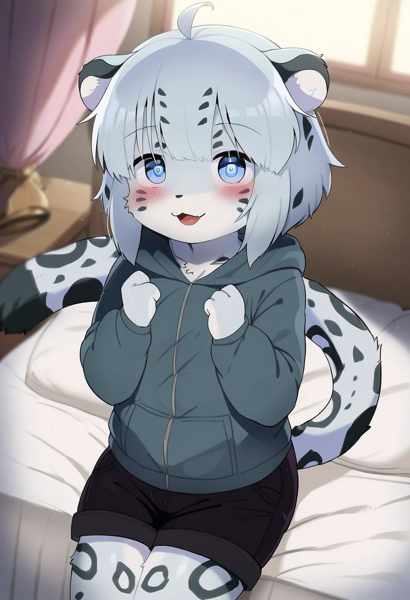 solo, 1girl, female, furry, kemono, anthro, cute face, young, white hair, blue eyes, fluffy body, body fur, short hair, ahoge, bangs, animal ears, tail, leopard ears, leopard tail, detailed eyes, brilliant eyes, 4 fingers, pawpads, perfect anatomy, detailed skin, detailed eyes, detailed lips, perfect hands, perfect face, happy, :D,  BREAK black shorts, short shorts, hoodie, hood, BREAK seated on bed, bed, bedroom, blue room, looking at viewer, indoors, colorful, dutch angle, BREAK ((ultra-detailed)), ((best quality)), ((best quality)), ((beautiful eyes)), ((extremely detailed)), 4K, (8K), best quality, (beautiful), Master piece, highres, score_9, score_8_up, score_7_up, score_6_up, score_5_up, score_4_up, colorful, best quality, official art, highres, masterpiece, nai3, god light, detailed background, high quality background,AddXL,