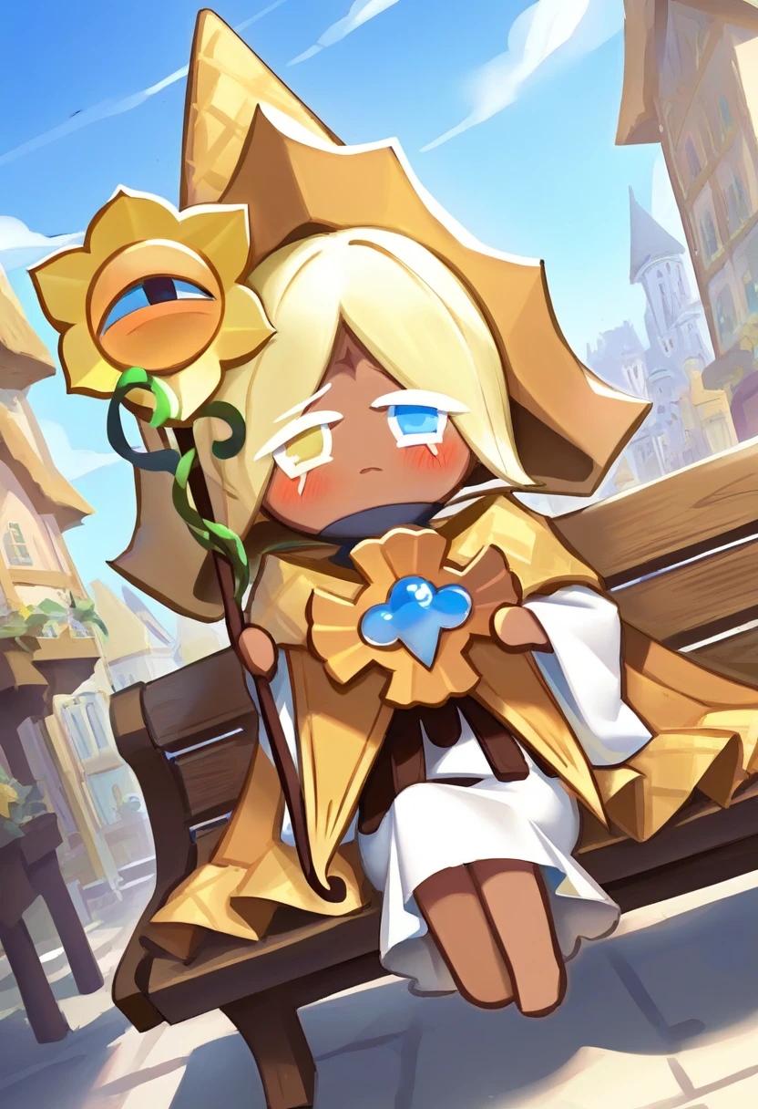 score_9, score_8_up, score_7_up, source_anime, extremely detailed BREAK
medieval city, buildings, day, bench
1boy, PureV4n1ll4C00k1e, hat, robe, cloak, blonde hair, holding, sunflower staff, dark skin, no shoes, no socks, chibi
smile, looking at viewer, heterochromia, sitting, bench, (blush:1.2), (shy:1.2)
(dutch angle:1.4)
detailed background, beautiful scenery <lora:PureV4n1llaC00k1e:1>
<lora:add-detail-xl:1>