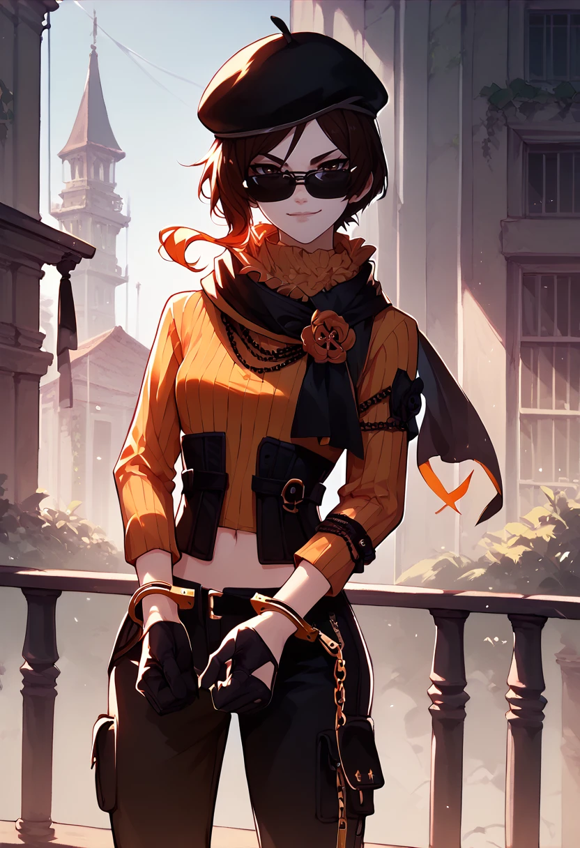 score_9, score_8_up, score_7_up, solo, 1girl, coco adel, smirk, looking at viewer, handcuffs, cuffs, black headwear, beret, sunglasses, ribbed sweater, long sleeves, corset, black gloves, black pants, scarf, bandolier, navel, outdoors <lora:rwby_cocoadel_ponyXL:1> <lora:HandcuffsV2:1>