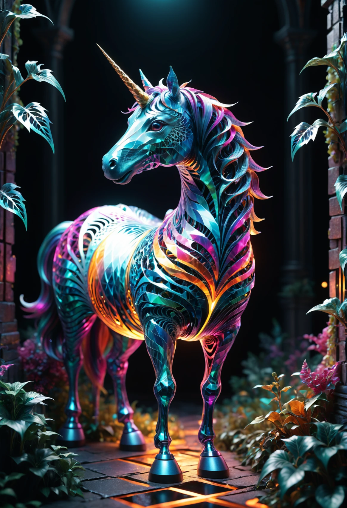 A (3D geometrically printed figurine) of a mystical unicorn, made out of fractangles, her eyes glowing with magic and energy as she navigates the treacherous alleys. In-game lighting enhances dynamic movement from scene to spot on rendered landscape concept while retaining allure through its intricate detail casting detailed magical imagery upon every cornerâs pathfinder's gaze in an immersive 4K,  <lora:Fractangles:0.85>, Postapocalyptic, overgrown with plant life and ivy, artgerm, yoshitaka amano, 8k, octane render, unreal engine