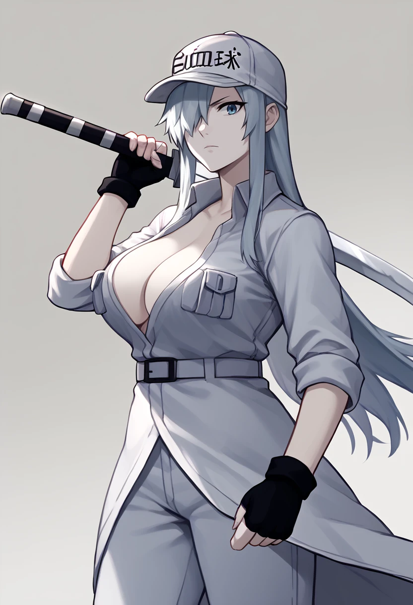 score_9, score_8_up, score_7_up, source_anime, simple background, solo, 1girl, u-1196, white skin, expressionless, looking at viewer, standing, weapon over shoulder, holding weapon, holding sword, hair over one eye, white headwear, baseball cap, open clothes, white coat, breast pocket, white belt, sleeves rolled up, black gloves, fingerless gloves, white pants, cleavage, large breasts <lora:cellsatwork_u1196_ponyXL:1> <lora:concept_overshoulder_ponyXL:1>