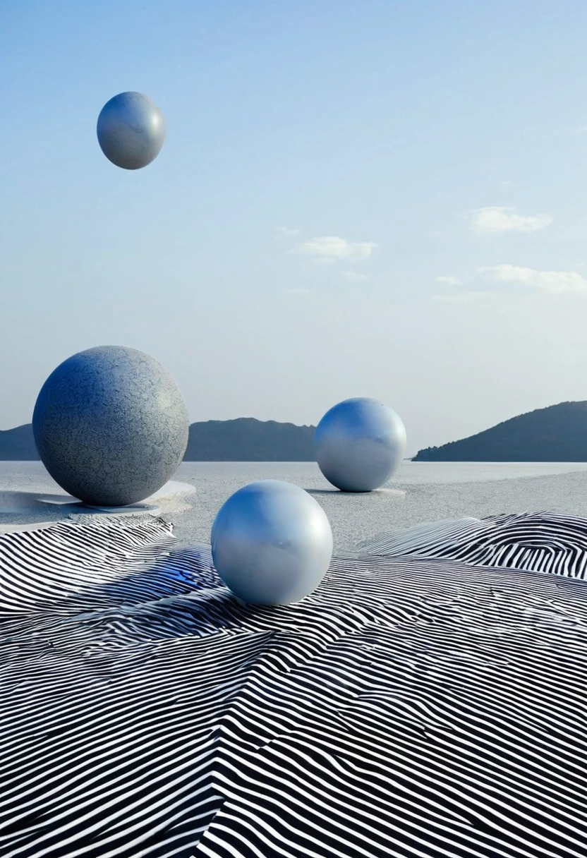 photo of a surrealist landcape with spheres, cubes and line patterns