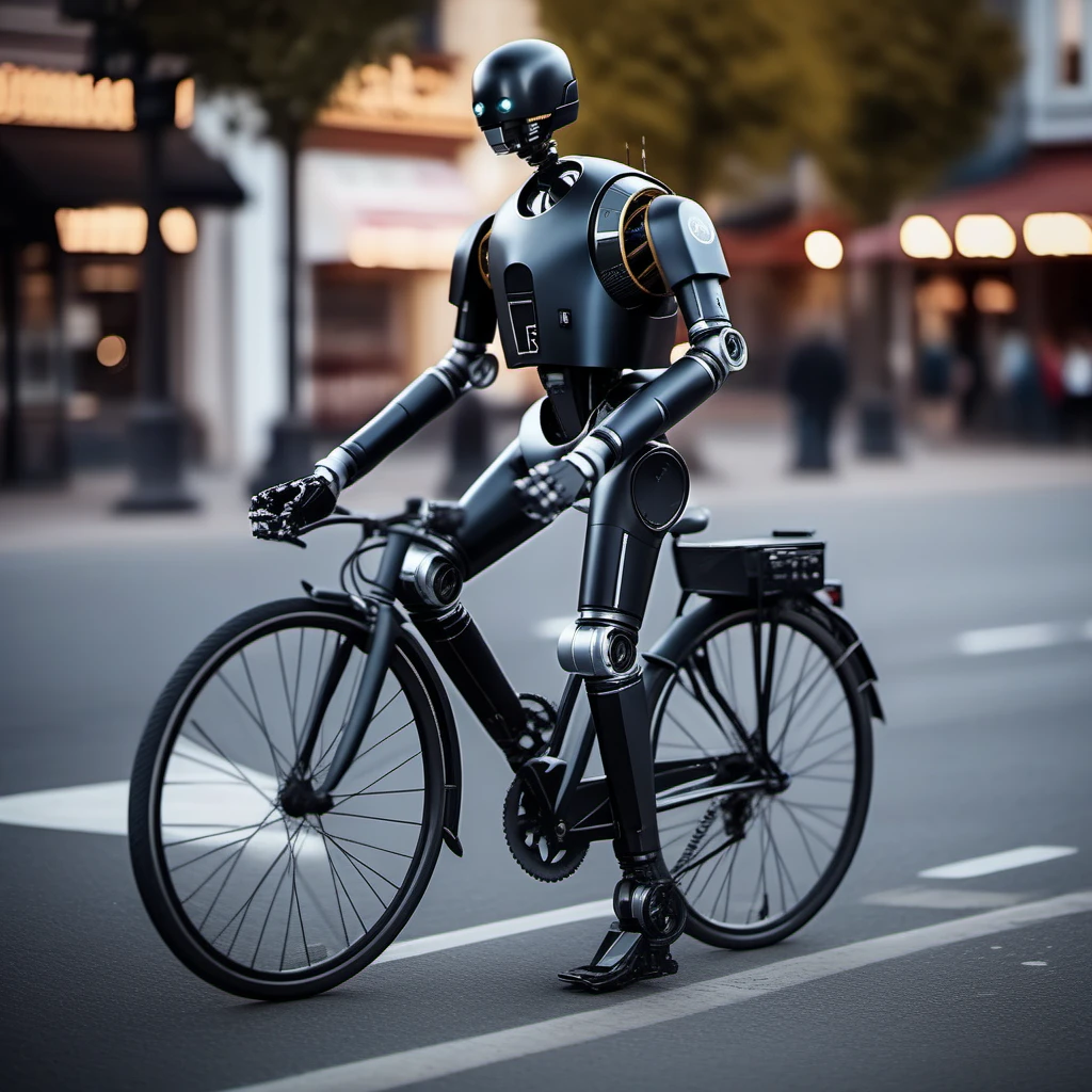 cinematic photo robot, solo, no humans, riding a bicycle in town  <lora:K2SO:0.8> . 35mm photograph, film, bokeh, professional, 4k, highly detailed