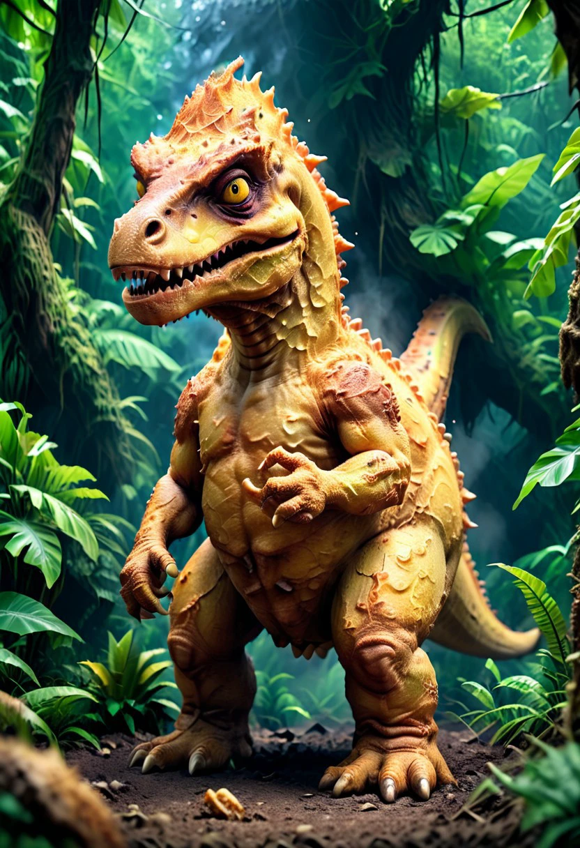 Deep Fried & Crispy, dinosaur, standing in a prehistoric jungle,