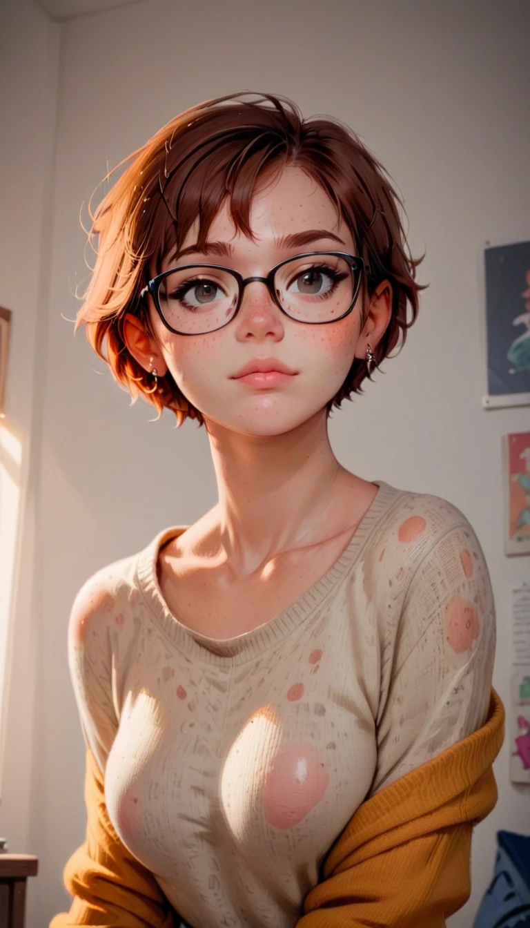 bestifacator, 1girl, glasses, solo, earrings, jewelry, freckles, brown hair, short hair, sweater