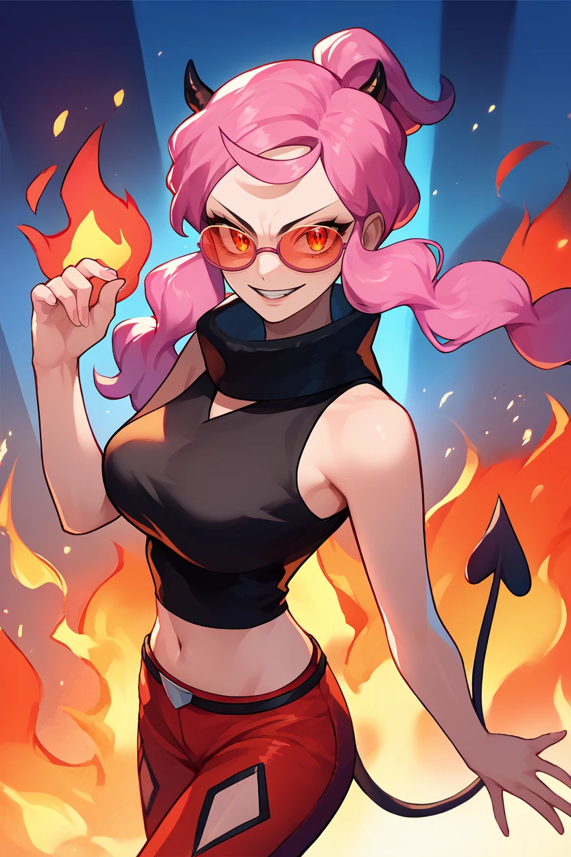 score_9, score_8_up, score_7_up, score_6_up, source_anime, 1girl, solo, <lora:pkmnmalva-pdxl-nvwls-v1-000008:1> malva, pink hair, short ponytail, tinted eyewear, black crop top, turtleneck, sleeveless, midriff, belt, red pants, large breasts, from above, hand up, fire, flames, fire background, sinister grin, looking at you, devil horns, demon tail