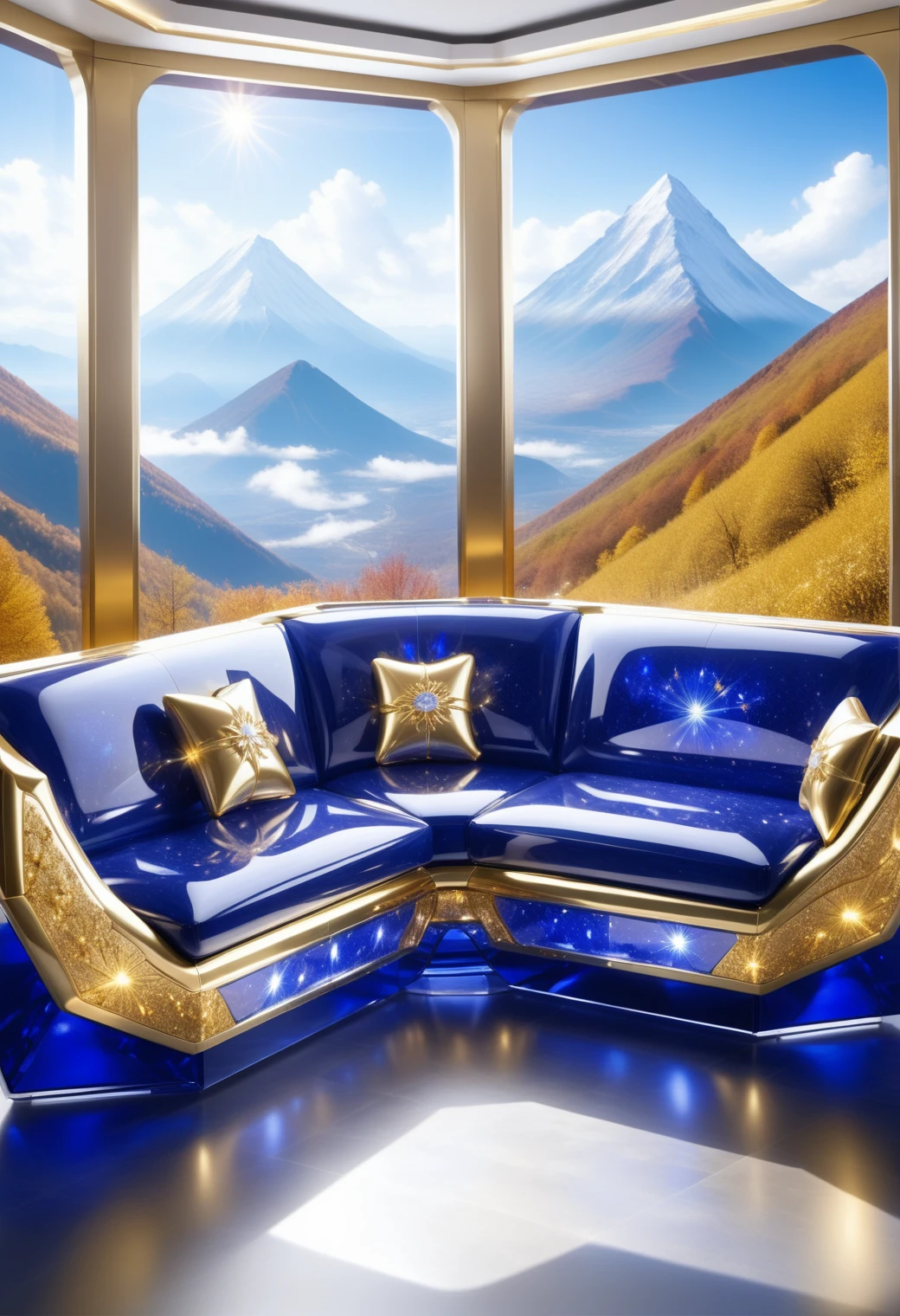 made out of reij-strsphr, Anime, body shot of a (Corner sofa:1.2) , mountains, Joyful, Depth of field 270mm, anime style, carefree, masterpiece, UHD, sharp and in focus, <lora:stardustsapphire-000006:1>, glossy, dynamic composition, creative, epic composition, cute, beautiful composition, ambient light, artistic