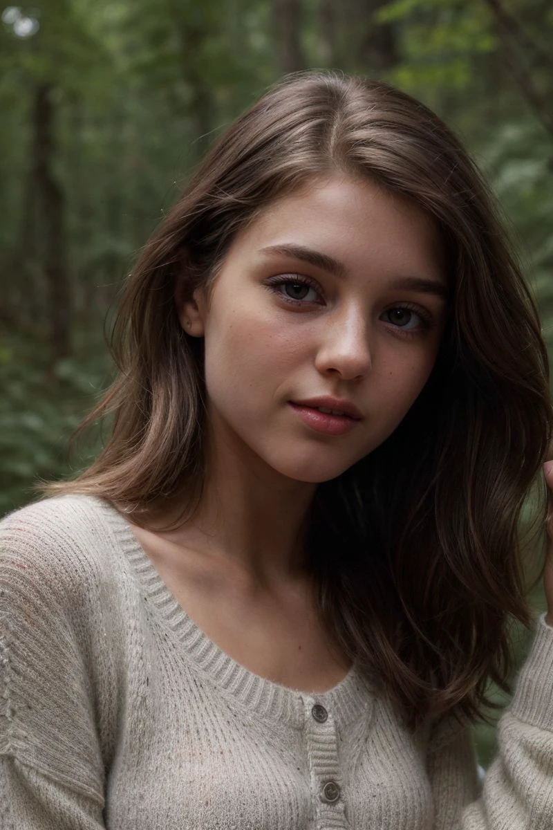 closeup headshot of S471_CarolinaKris,a beautiful woman,in a (forest:1.1),wearing a (sweater),(4k, RAW photo, best quality, 50mm, depth of field, ultra high res:1.1),(intricate, photorealistic, cinematic-shot, masterpiece, ultra-detailed:1.1),