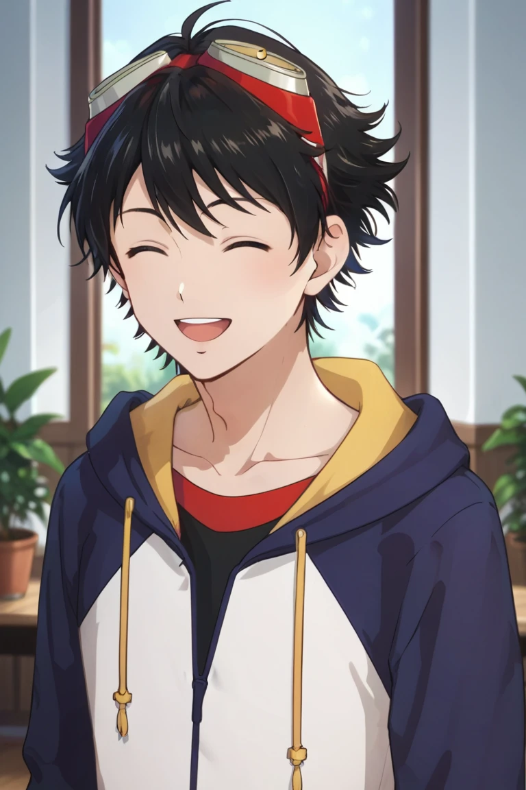 score_9, score_8_up, score_7_up, score_6_up, detailed, intricate details,best quality ,source_anime,
takuma momozuka, black hair, brown eyes, blue hoodie, black shirt, 1boy, closed eyes, male focus, open mouth, smile, bangs, collarbone, shirt, short hair, :d, facing viewer, , upper body, happy<lora:EMS-421709-EMS:1.000000>