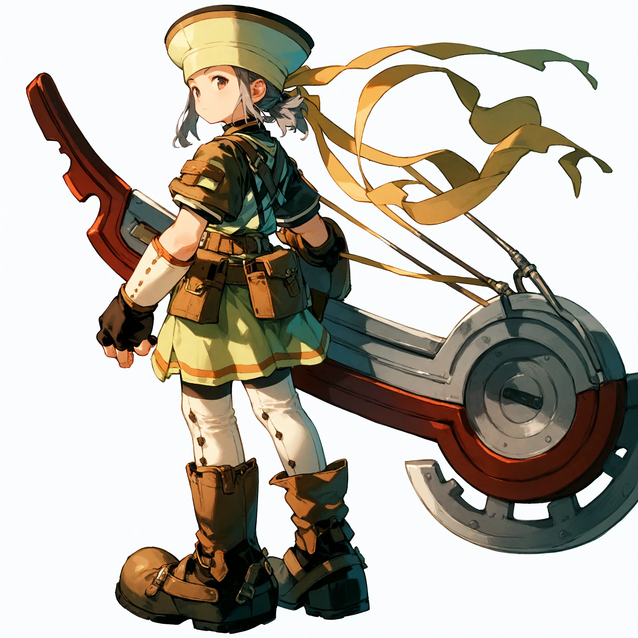 (score_9:1.2), score_8_up, score_7_up, source_anime, BREAK , best quality,<lora:rue_(dewprism)-pony:1>, rue_(dewprism), 1boy, solo, looking at viewer, simple background, white background, gloves, hat, closed mouth, standing, full body, weapon, short sleeves, pantyhose, boots, black gloves, looking back, fingerless gloves, from behind, armor, pouch, ankle boots, belt pouch