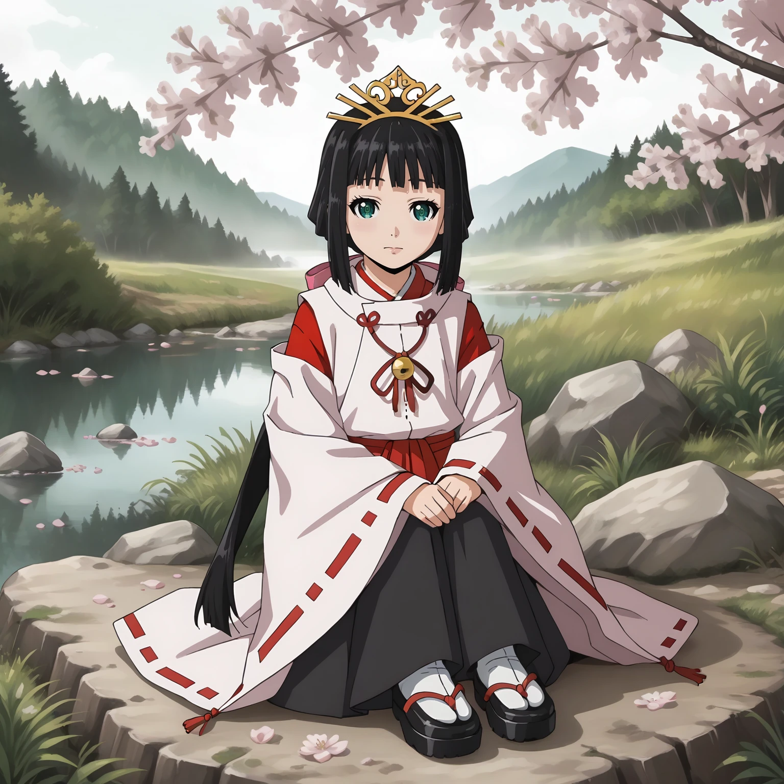 <lora:TES_ShizukuXLpony001:0.8>,
solo,
Shizuku,1girl,black hair,low ponytail,hair ribbon,green eyes,
tiara,
miko,
outdoors,realistic,nature,cherry blossoms,
full body,sitting,