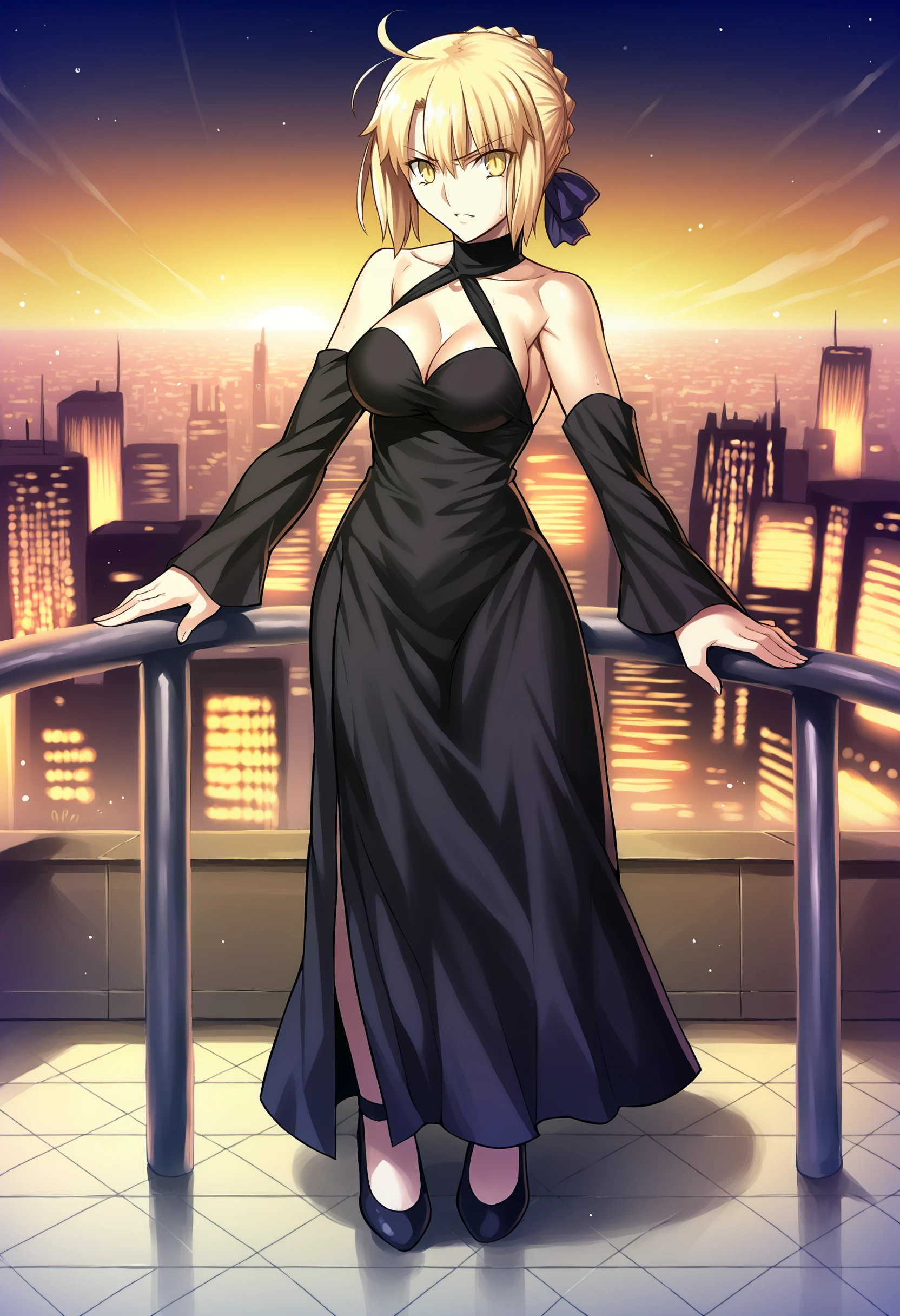 1girl, solo,standing, city, full body, mature female, saber alter, black dress, blonde hair, cleavage, detached sleeves, yellow eyes, cityscape, city lights, <lora:tak_tak:1> , tak_tak, 2d,