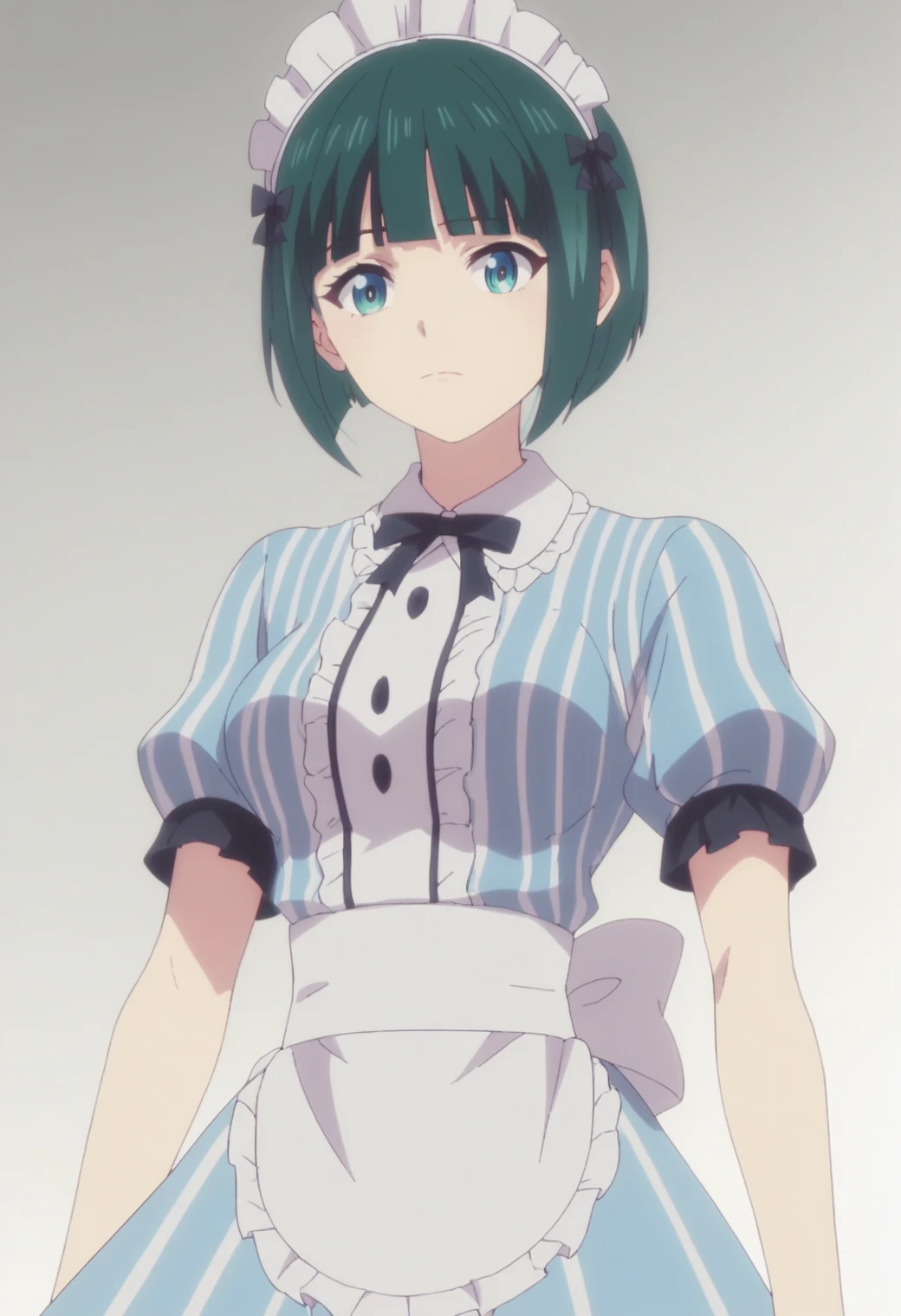 score_9,score_8_up,score_7_up,  masterpiece, best quality, white background, 1girl, solo <lora:DX888Shiragiku:1>ono shiragiku, green hair, bob cut, medium breast,  anime screencap, waitress, maid headdress, waist apron, striped dress,