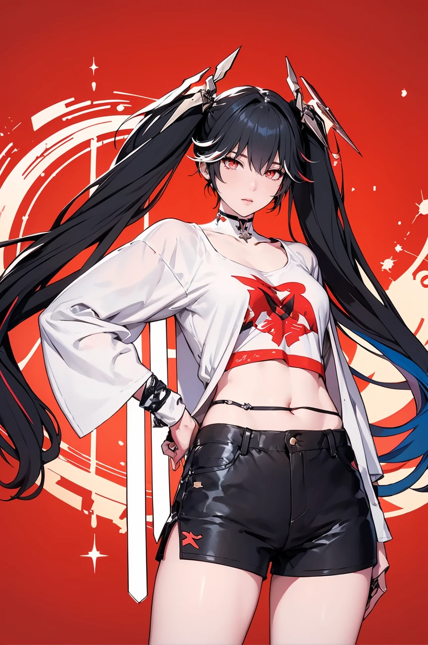 (masterpiece, best quality,masterpiece,illustration),
very long hair,red background,
<lora:Lucia Oath01:0.8>,Lucia Oath,twintails,hair ornament,multicolored hair,tank top,short shorts,