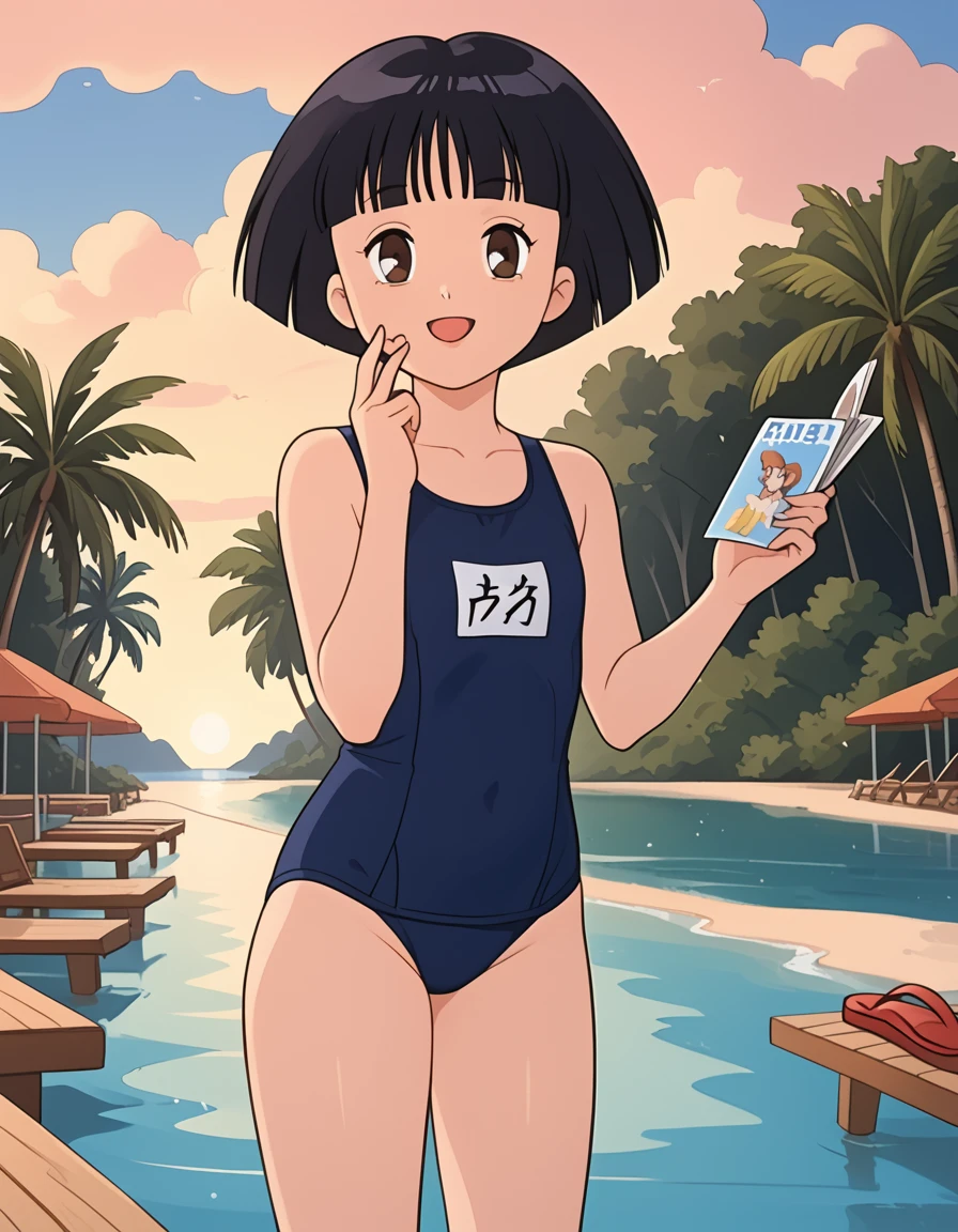 (masterpiece), best quality, expressive eyes, perfect face, One-piece swimsuit, Looking at viewer, Pull, Rainbow Ponytail hair, Vibrant, A Tall Woman, Beach, Thigh Highs