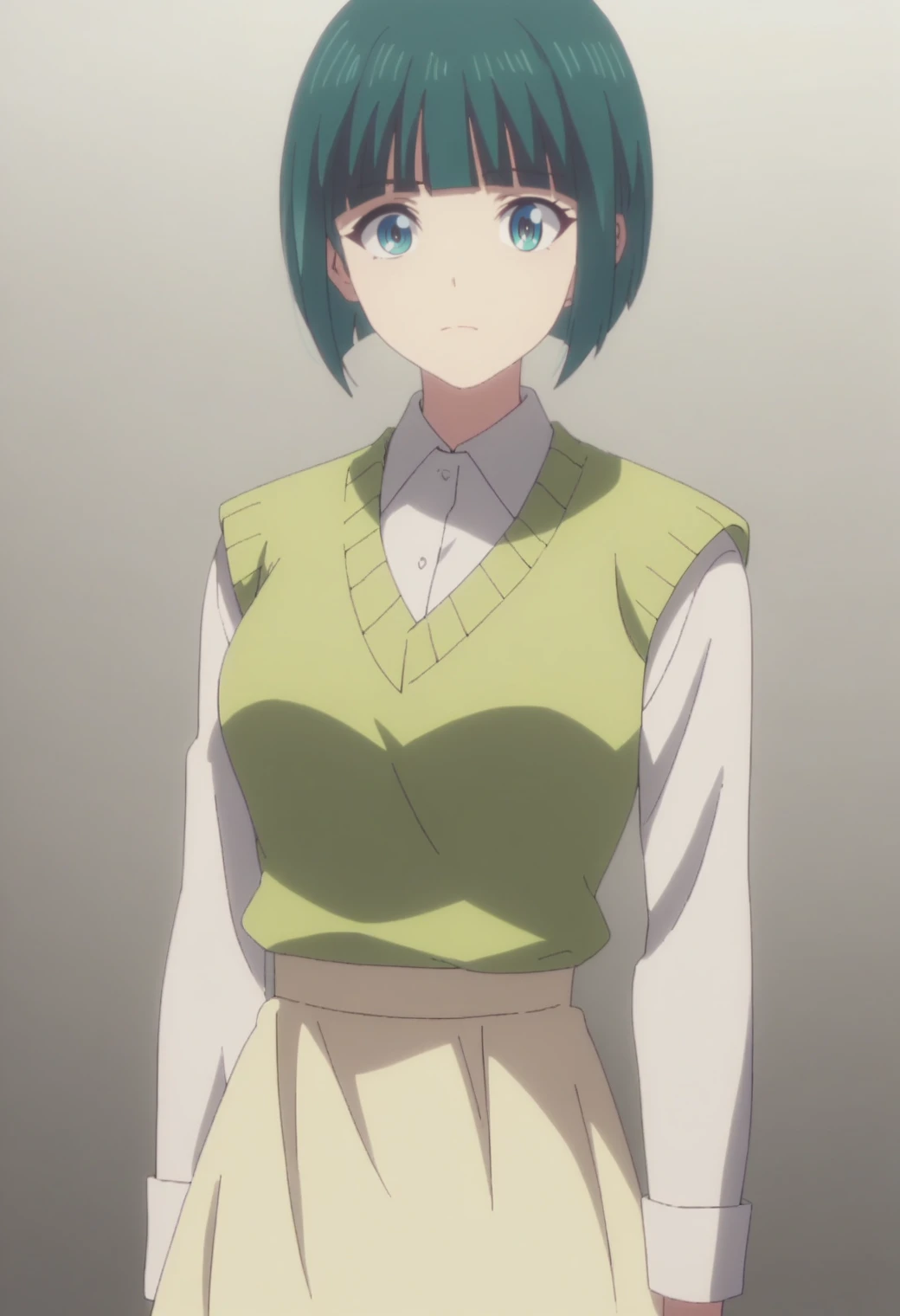 score_9,score_8_up,score_7_up,  masterpiece, best quality, white background, 1girl, solo <lora:DX888Shiragiku:1>ono shiragiku, green hair, bob cut, medium breast,  anime screencap, sweater vest, collared shirt, yellow skirt