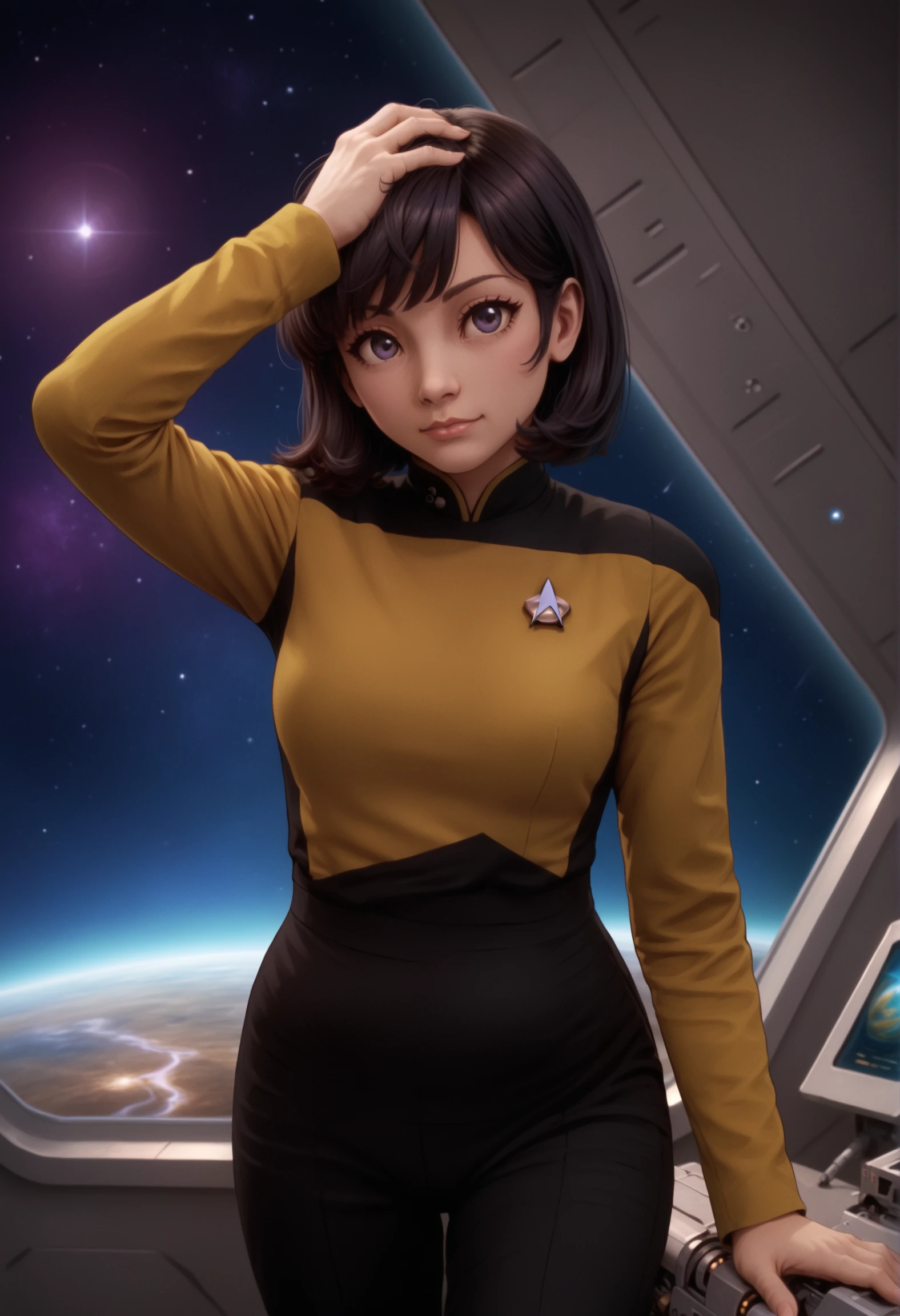 score_9,score_7_up,solo,1 girl, black hair, short hair,bangs,spaceship interrior,starship interrior,space,scifi,machinery,touching her own head,
s3stngunf,yellow uniform,black pants
,<lora:STTNGponyStrong>