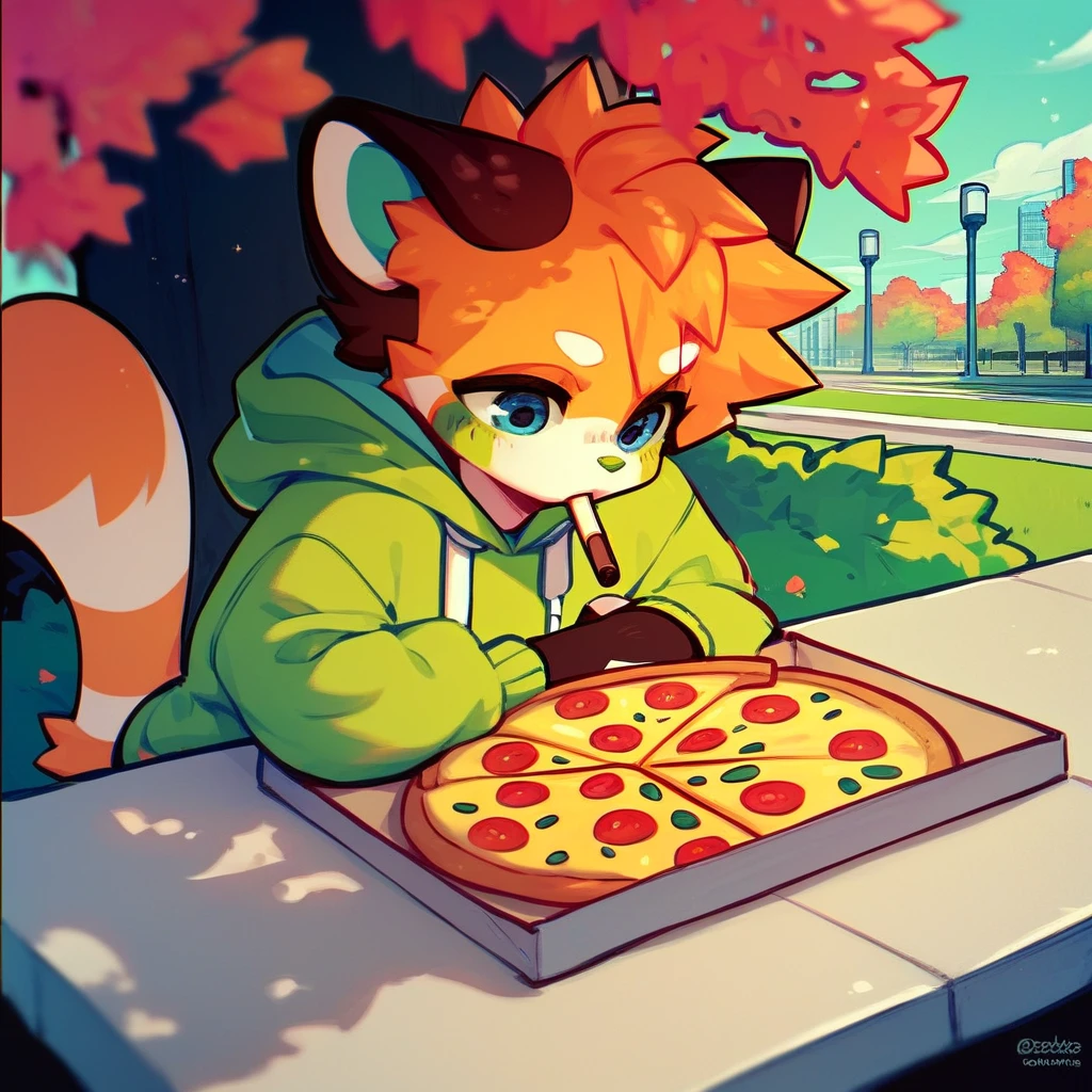 score_9, score_8_up, score_7_up, score_6_up, mikus-pocky, 1girl, green hoodie, blue eyes, park, pizza,