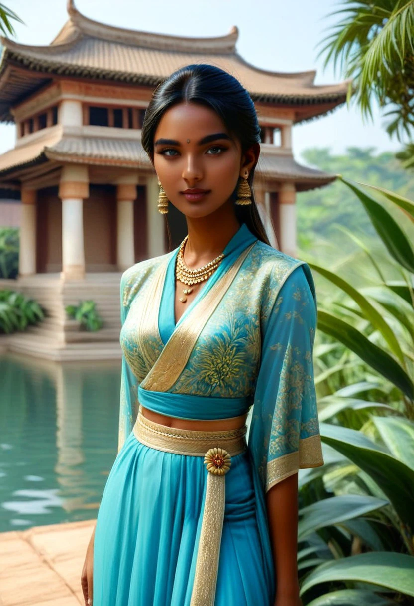 solo, east asian architecture, dark-skinned female, beautiful girl, realistic, outdoors, midriff, earrings, water, Indian girl, solo focus, necklace, day, dress, bindi dot in forehead, blue dress, clothed in long dress, plant, 1girl