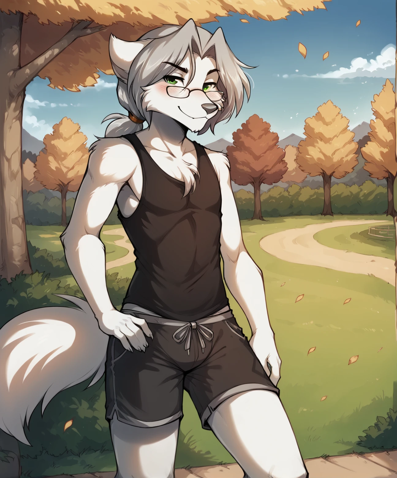 score_9, score_8_up, score_7_up,score_6_up,score_5_up, source_furry
BREAK
solo, furry male anthro, flat chest, (blushing, seductive, smug), tank top, shorts, (outdoors, park)
BREAK
<lora:Euchre-Twokinds-SDXL-AnonTK-V3:0.8>, euchre-twokinds, keidran, wolf tail, green eyes, medium hair, low ponytail, glasses