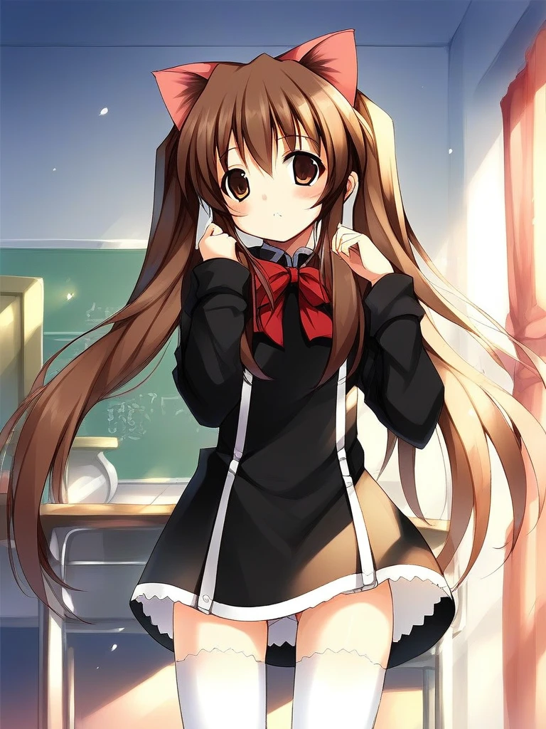 score_9, score_8_up, score_7_up, source_anime, rating_explicit, BREAK  <lora:aloe_QMA_XL:1> aloe_QMA, brown hair, twintails, brown eyes, long hair, cat ears, 
1girl, solo,  thighhighs, brown eyes,   bow, black dress, school uniform, white thighhighs, cowboy Shot,
room,