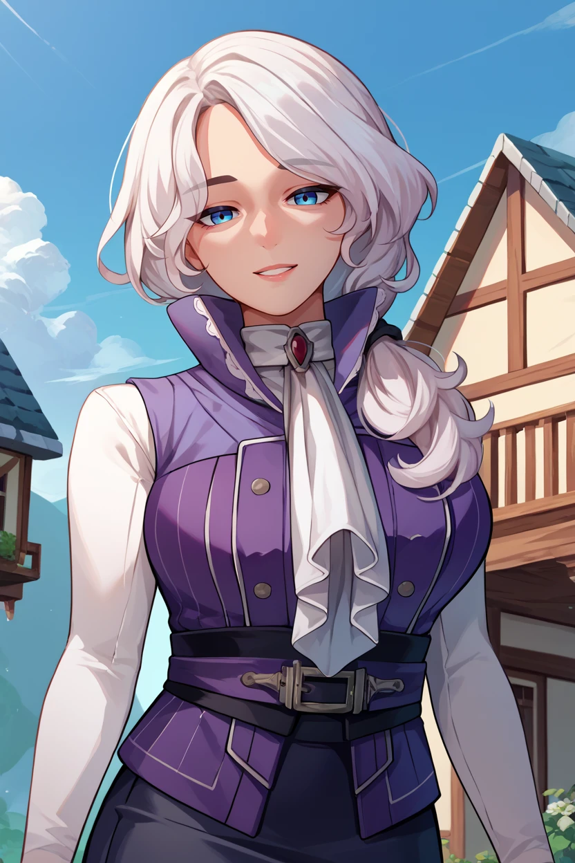 score_9, score_8_up, score_7_up, score_6_up, source_anime, 1girl, solo,  <lora:willowschnee-pdxl-nvwls-v1-000008:1> rbWillow, white hair, hair over shoulder, high collar, purple vest, white shirt, ascot, long sleeves, black skirt, black pantyhose, large breasts, looking at you, mature female, blue sky, house, upper body, happy