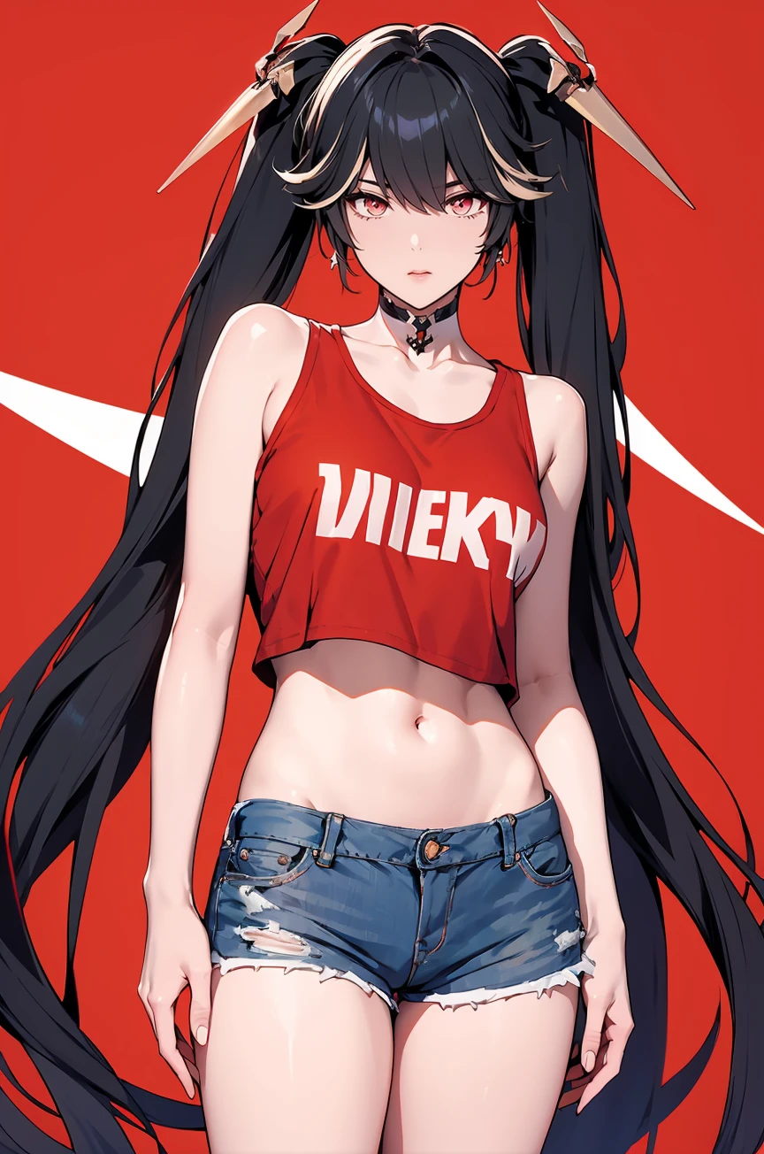 (masterpiece, best quality,masterpiece,illustration),
very long hair,red background,
<lora:Lucia Oath01:0.8>,Lucia Oath,twintails,hair ornament,multicolored hair,tank top,short shorts,