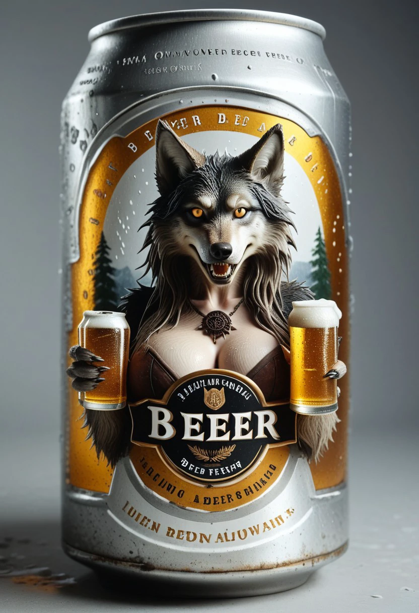 beerlabel, source_furry, beer can, 1girl, wolf girl, large breasts, solo