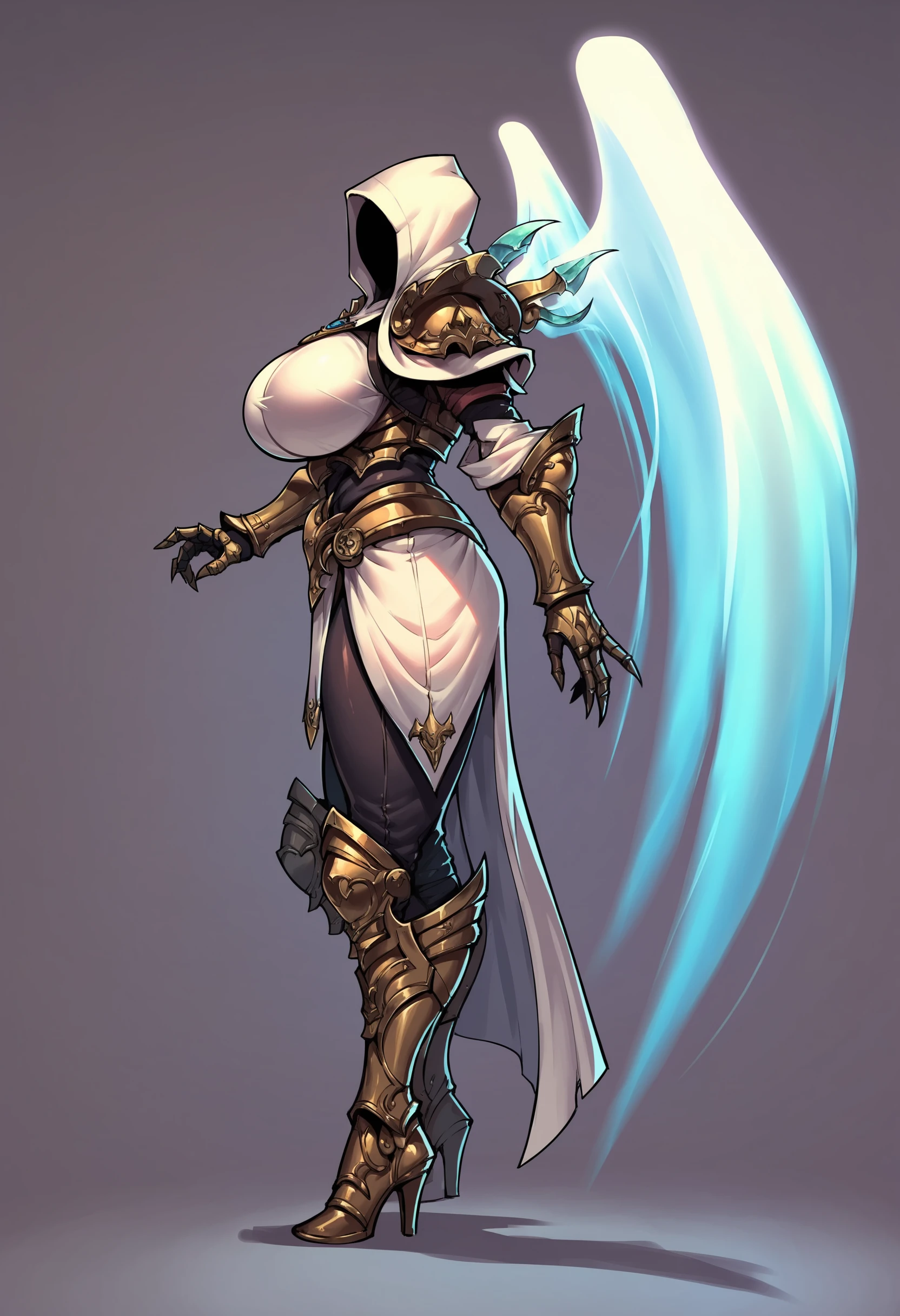 score_9, score_8_up, score_7_up, score_6_up, score_5_up, score_4_up, <lora:Auriel:0.75> 1girl, huge breasts, thick thighs, boots, high heels, armor, white wings, glowing, hood, hood up, faceless, shoulder armor, gauntlets, from side,
(light purple background:1.15), simple background,