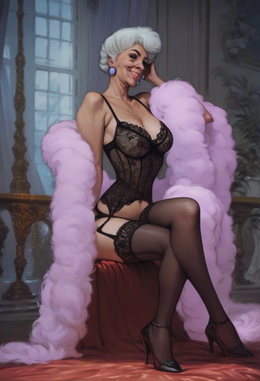 An Arabic woman, milf, with big natural breasts, big rounded ass, wide mouth, wear silk hijab, leopard print corset, stocking, lace gloves, 7-inch high heels, make-up, lipstick, polished nails, body tattoos,heart shaped red nipple pasties, belly and pussy piercing, standing inside a house, spreading her ass with hands wide open.