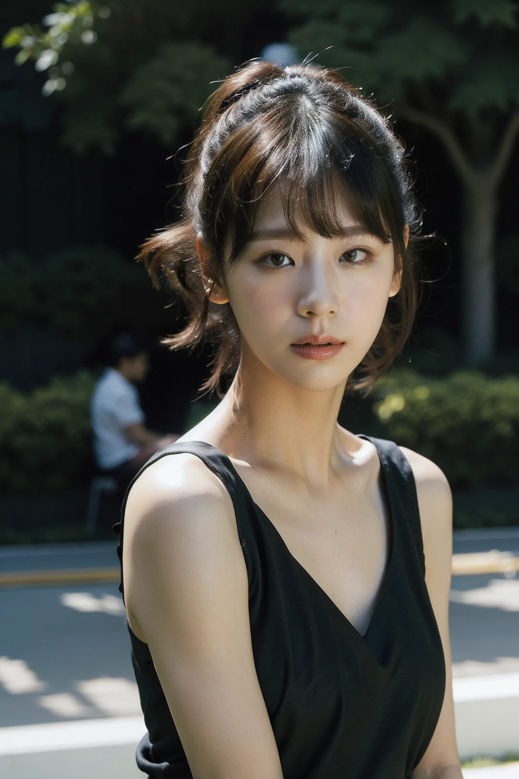 Best quality, masterpiece, ultra high res, (photorealistic:1.4), raw photo, 1girl, outdoor, closeup, looking at viewer, black dress, sleeveless, <lora:makina69_mariya_v1.0:1>