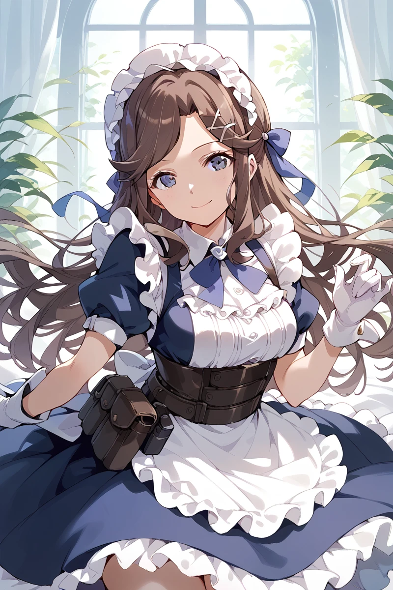 score_9, score_8_up, score_7_up, score_6_up, 1girl,
<lora:Maya_Tendo:0.9> maya, brown hair, long hair, x hair ornament, white gloves, frills, smile, looking at viewer, sidelocks, short sleeves, dress, maid, hat, holster,