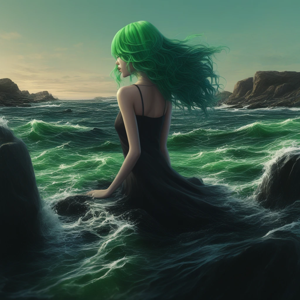 gradient, rock, high heels, teeth, green hair, waves, sky, 1girl, water, painting (medium)