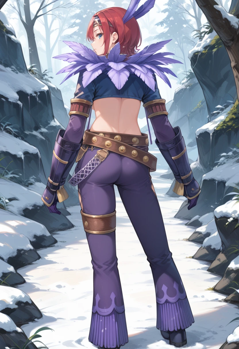 (score_9:0.9),score_8_up,score_7_up,rating_safe,anime style,(zPDXL),<lora:Hypnocatrice Armor ponyXL v1.1:0.78>,hypnocatrice armor,purple feather hairband,solo,from behind,purple feather shoulder pads,1girl,back,short hair,snow,purple belt,red hair,purple armor gloves,purple boots,purple pants,looking back,