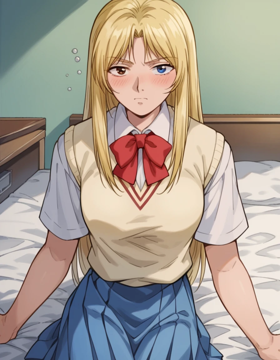 score_9, score_8_up, score_7_up, source_anime, <lora:urumi-kanzaki-anime-ponyxl-lora-nochekaiser:1> urumi kanzaki, parted bangs, heterochromia, brown eyes, long hair, blue eyes, blonde hair, medium breasts, sidelocks,, school uniform, sweater vest, yellow sweater vest, shirt, white shirt, collared shirt, short sleeves, skirt, blue skirt, pleated skirt, bowtie, red bowtie,, indoors, bed, bed room, on side, blush, drunk, looking at viewer, solo,, cowboy shot, dutch angle