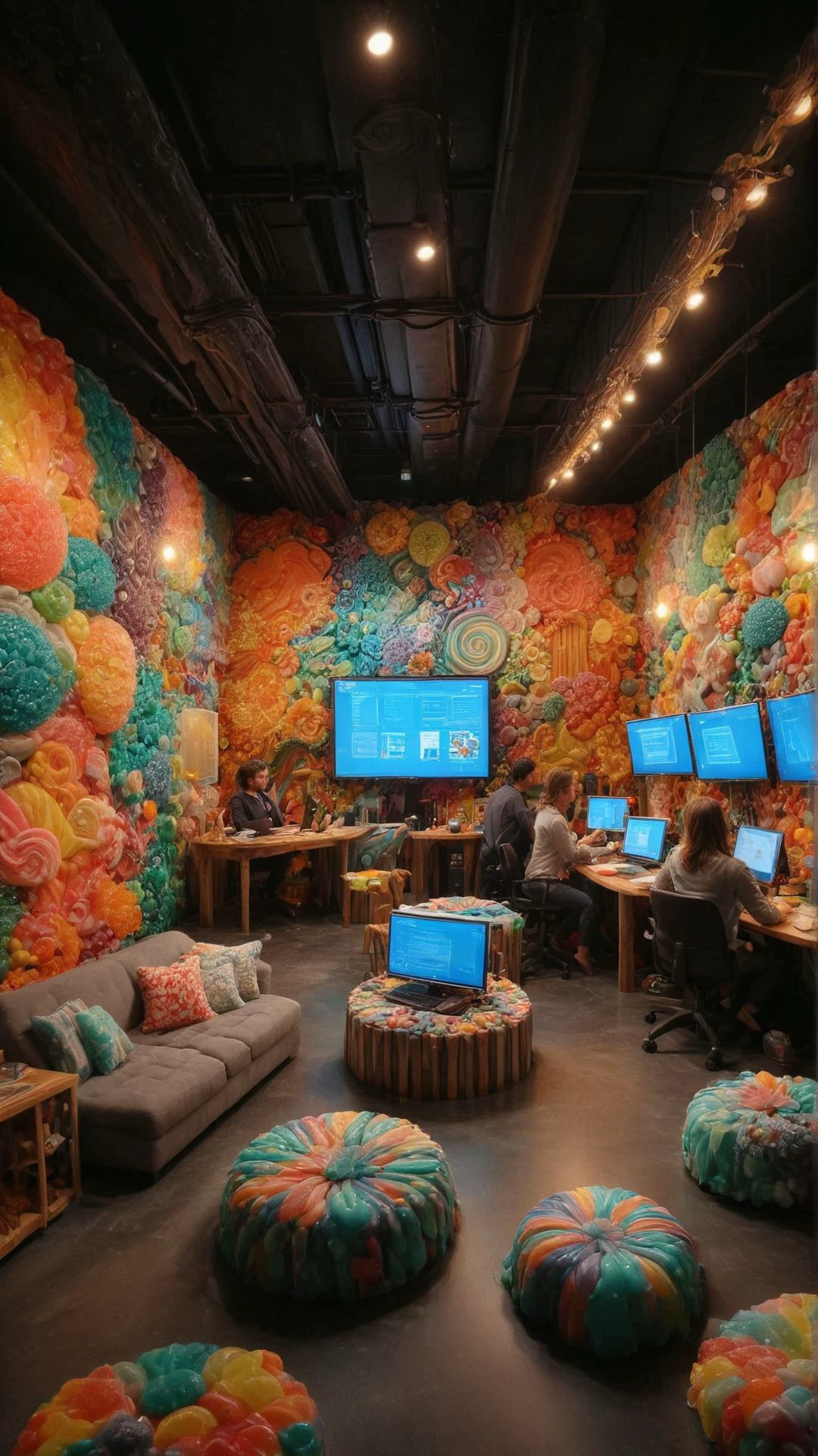 A high-tech startup office in Silicon Valley, with open workspaces, sleek design, and employees collaborating on innovative projects. The atmosphere is energetic, with modern furniture, digital screens, and creative brainstorming sessions
 <lora:aidmaCandyWorldMorph-MoreArtfull-v0.1:1> candy,