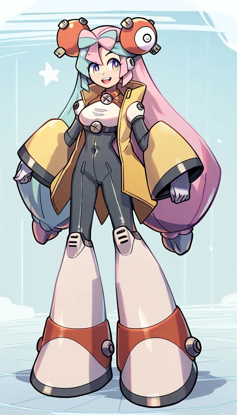 score_9, score_8_up, score_7_up, score_6_up, score_5_up, score_4_up, megamanreploid, bodysuit, armor, gloves, white gloves, robot ears, 1girl, (iono_(pokemon):0.8), pokemon, solo, standing, full body, smile, open mouth