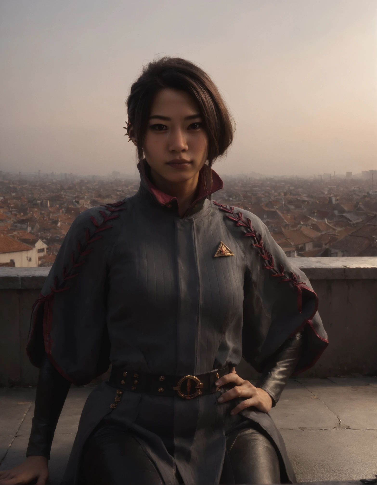 score_9, score_8_up, score_7_up,score_6_up,haymar,high resolution,3d,photo,realistic,asian,1girl,brown hair,hair bun,earrings,jacket,long sleeves,boots, volumetric lighting,rim lighting,dramatic shadow,on a rooftop,full body,dynamic pose,looking at viewer,pov,front view,hand on hips,sitting