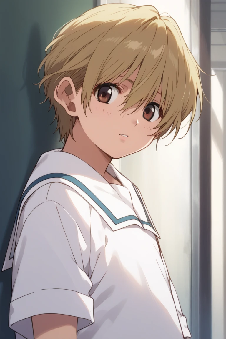 score_9, score_8_up, score_7_up, score_6_up, detailed, intricate details,best quality ,source_anime, cowboy shot,
garcia lovelace, blonde hair, brown eyes, white shirt, solo, school uniform, anime coloring, 1boy, male focus, short hair, looking at viewer, parted lips, sailor collar, hair between eyes<lora:EMS-423730-EMS:1.000000>