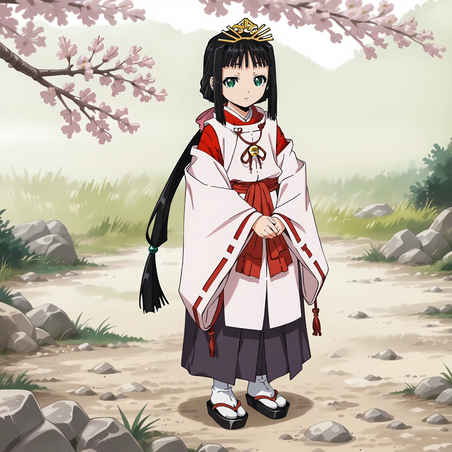 <lora:TES_ShizukuXLpony002>,
parted lips,
solo,
Shizuku,1girl,black hair,low ponytail,hair ribbon,green eyes,
very long hair,
tiara,
miko,
hakama,tabi,
outdoors,nature,cherry blossoms,
full body,standing,