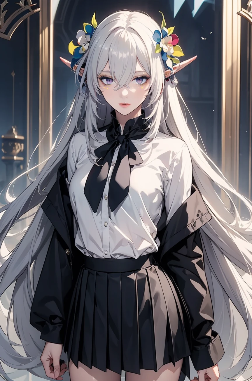 (masterpiece, best quality,masterpiece,illustration),
very long hair,school uniform,pleated  skirt,
<lora:LamiaG:0.9>,LamiaG,grey hair,pointy ears,hair flower,multicolored eyes,makeup,