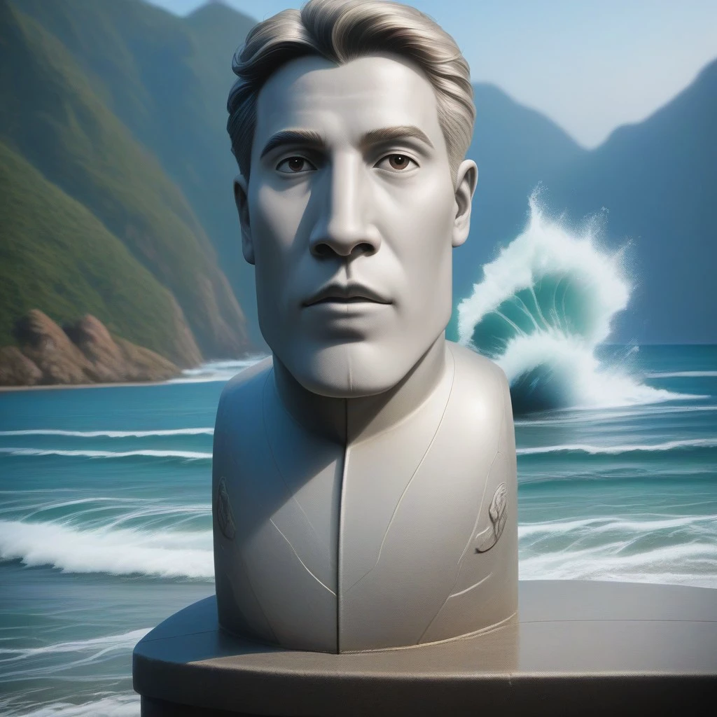 cinematic lighting, extremely detailed, high detail, hires textures, incredibly detailed, intricate details, intricate diorama, masterpiece, outstanding intricacies, photorealism, true masterpiece, Moai Statue, Moai face, Moai man, wearing a suit, shore background, luscious, Exquisite,  full body, coastal view, sea, waves,