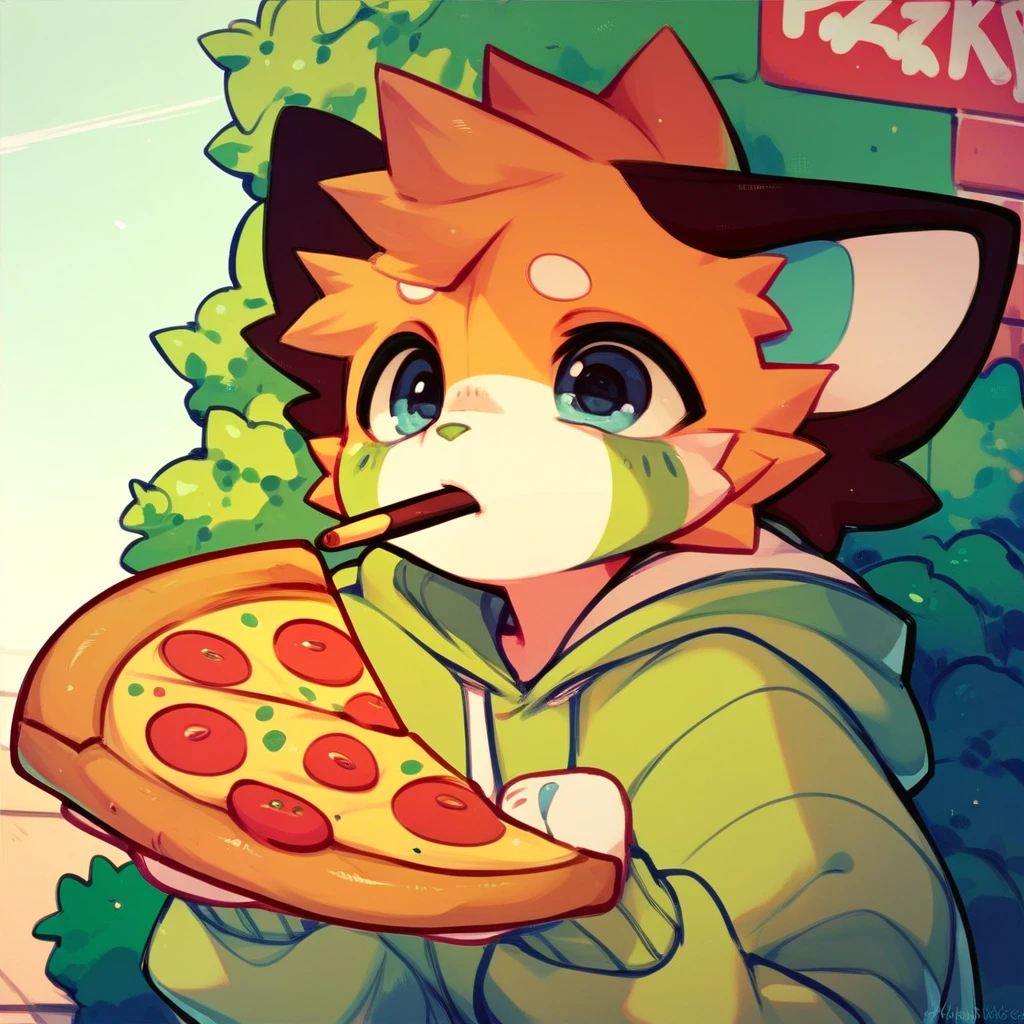 score_9, score_8_up, score_7_up, score_6_up, mikus-pocky, 1girl, green hoodie, blue eyes, park, pizza,